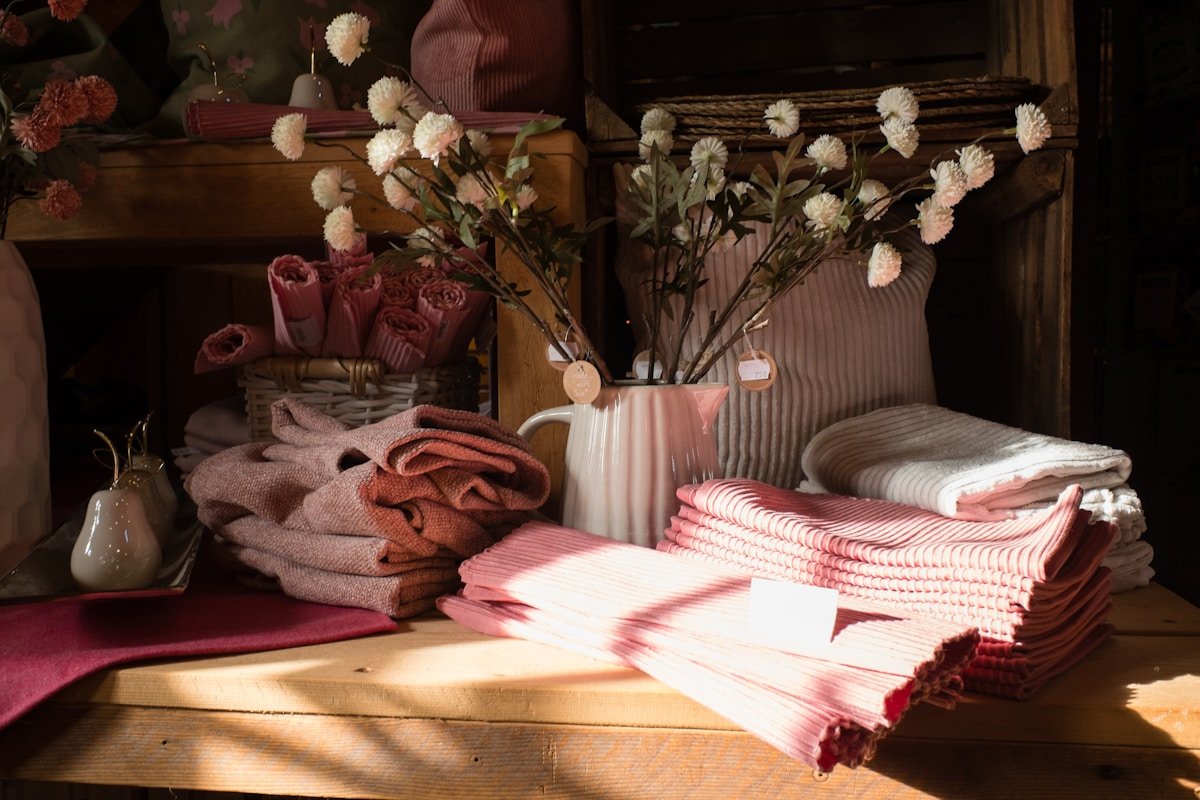 Tecidos e itens têxteis em tons rosa